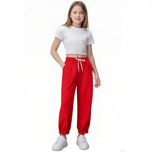 2025 Girls Barrel Leg Sweatpants Kids Athletic Elastic Waist Wide Leg Joggers Cinched Bottom Pant with Pockets 4-15 Y4