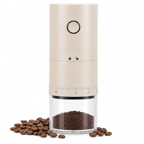 Image of Ash & Roh Electric Coffee Grinder with 38 Adjustable Grind Settings, Rechargeable Ceramic Burr Coffee Bean Grinder for Espresso, French Press, Travel & Home Use (Cream)