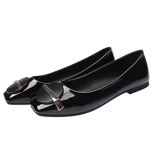Women's Patent Leather Metal Buckle Dressy Ballet Flats Breathable & Lightweight Comfortable Square Toe Slip-On Walking Flats for Office Wedding Party