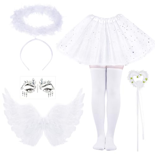Halloween Angel Costume Accessories Set Including Headband Socks Wings Tutu Skirt for Fancy Dress Up Supplies (White Kid)