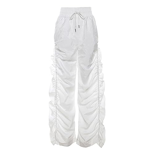 Womens Casual Solid Color Cargo Pants Loose Elastic Belt Waist Pants Long Trousers Fashion Pleated Desigh (White, S)2