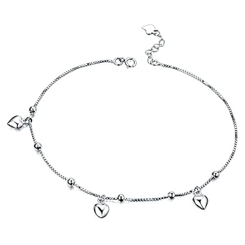 Shining Charm 3 Small Heart 925 Sterling Silver Anklets for Women Girls Anklet Foot Jewellery for Summer Adjustable 9.2"-10" Cover