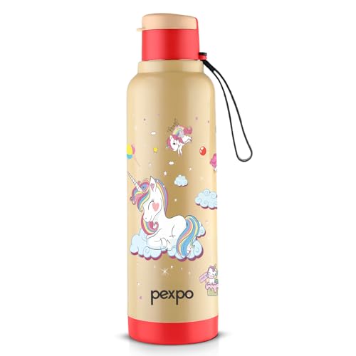 Image of Go24 pexpo Sonnet 900 PU Insulated Stainless Steel Water Bottle for Kids - 680ml | Flip-Top Cap | Leakproof & BPA Free| Carry Strap | for School, Sports, Travel, Picnic, Outdoor - Red Unicorn Print
