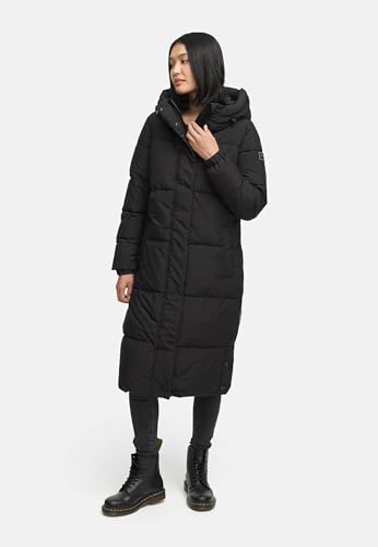 Navahoo Damen langer Wintermantel warmer Steppmantel mit 2-Wege-Reißverschluss und verstellbarer Kapuze Taublüte XIV Black Gr. XS