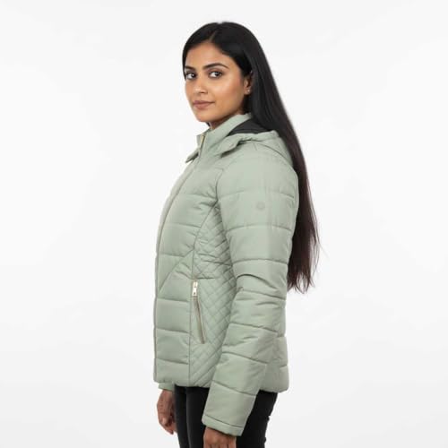 Image of Women's Nylon Puffer Jacket for Winter | Lightweight Warm Quilted Outerwear with Hood | Front Zipper Closure & Secure Pockets | Wind-Resistant Casual Jacket for Women