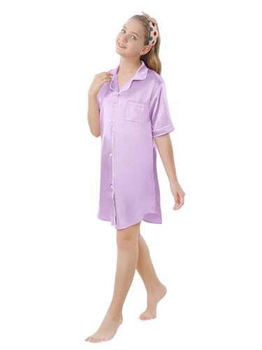 Image of Schbbbta Girls & Women Silk Nightgown, Short Sleeve Button Down Satin Nightshirt Pajama House Dress, 3 Years- Women 2XL