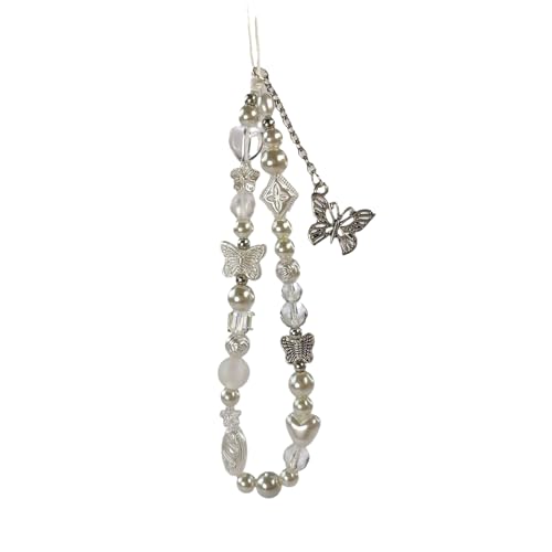 [EZ PEACH] ストラップ スマホ 手首 落下防止 携帯 ハンドストラップ 女の子 吊り下げペンダント装飾 落下防止 カラフルビーズ パール まんまるお花 全機種対応 (蝶01)