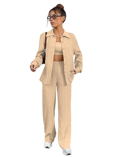 Image of Shasmi Women's 3-Piece Co-ord Set - Solid Button Front Shirt, Strapless Tube Top & Wide Leg Pants | Casual Loose Fit Western Outfit for Daily Spring /Fall Wear (Co-Ord-208)