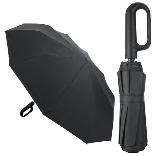 patinadrift Regenschirm Groß,10 Rippen Taschenschirm Schwarz Sturmfest Tragbar Schnallenschirm...