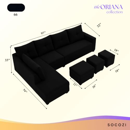 Image of SOCOZI Oriana 8 Seater LHS L Shape Sofa Set | Velvet Suede Fabric L Shape Sofa for Livingroom with 2 Ottoman & Centre Table | (Black)