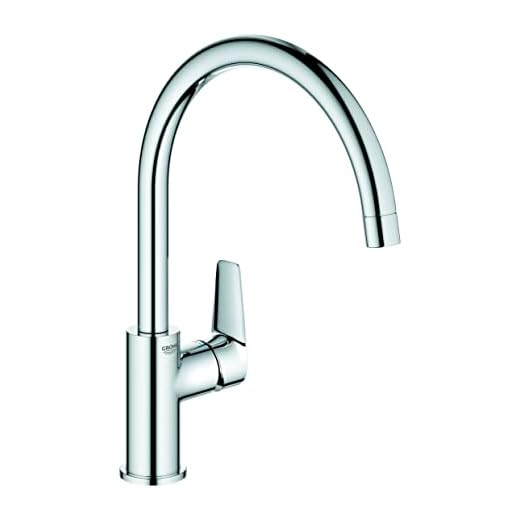 GROHE Start Edge - Eengreeps keukenspoelmengkraan (hoge C-uitloop, 360˚ draaibereik, 28 mm keramische cartridge, staarten 3/8 inch, min. aanbevolen druk 1,0 bar), eenvoudig te installeren, chroom,