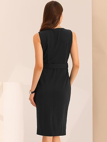 Allegra K Sleeveless Work Sheath Dress for Women's Elegant Round Neck Belted Bodycon Pencil Dress3