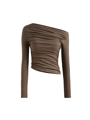 Image of CIDER Asymmetrical Top for Women Long Sleeve - Off Shoulder Ruched Crop Going Out Fitted
