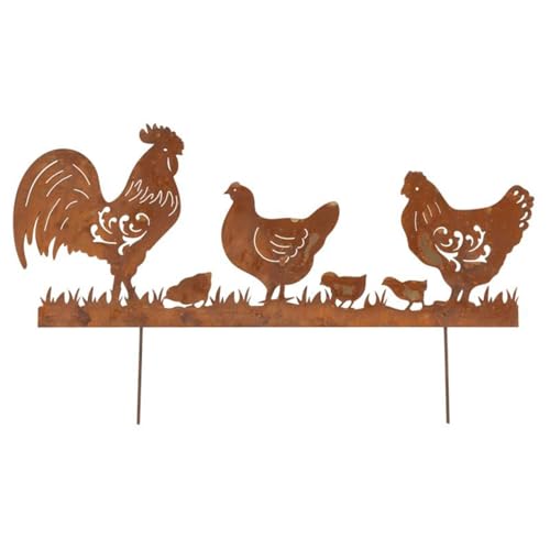 AUBRY GASPARD - Coq - Poules et Poussins en Métal Effet Rouillé avec Piques De Fixation pour Jardin - Décoration Vintage - Matériau Durable - 65X37 cm -...