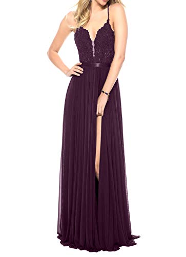 La_Marie Braut Sexy Spitze Abendkleider Ballkleider Promkleider Partykleider Lang Chiffon A-Linie Rock mit Schlitze-38 Traube Cover