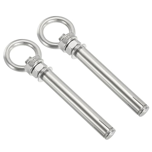 Image of PATIKIL Expansion Eye Bolt M10x120mm, 2 Pack 304 Stainless Steel Shoulder Anchors Eyebolt Screw with Eye Ring for Concrete Brick Walls Canopy Engineering Rigging Silver