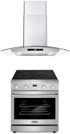 Cosmo 2-Pc Kitchen Appliance Packages, 30" Electric Range w Glass Cooktop and 30" Wall Mount Range Hood