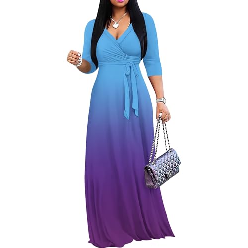Image of PinkPatty Women's Plus Size Maxi Dresses Casual Flowy 3 /4 Sleeves Dress Printed Vacation Dress for Daily Wear with Belt