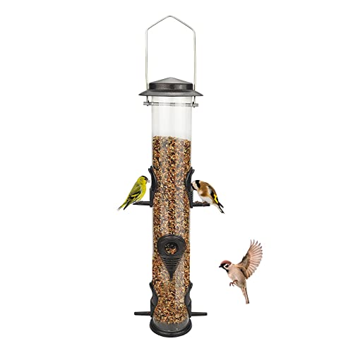 MIXXIDEA Metal Wild Bird Feeders, Squirrel Proof, Hanging 6 Port Tube Transparent Finch Feeders for Attracting Birds in Your Lawn, Garden, Balcony Coffee