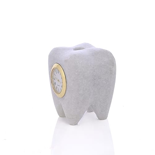 Image of SAUDEEP INDIA Tooth Shape Dentist Desk Marbel Table Clock for Decor and Paper Weight, Ideal Gift for Dentists and Doctors (Clock with Pen Stand)