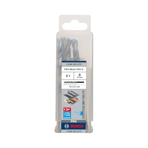 Bosch 5x PRO Metal HSS-G Spiralbohrer Standardlänge (für Nichteisenmetalle, Stahl, Ø 8,00 mm, Professional Zubehör Bohrmaschine/Schrauber)