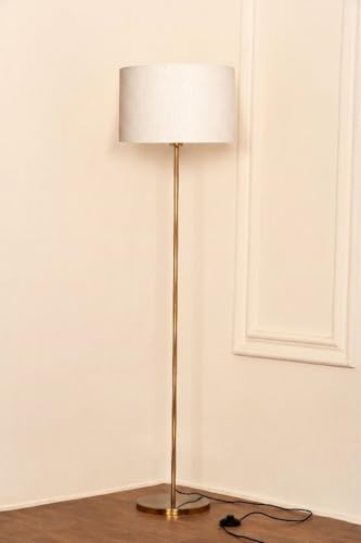 Image of Divine Trends Floor Lamp Standing Antique Brass Finish 5Ft Height with 14 Inches Drum Shade Off White for Living Room Corner, Home, Hotel, Office Pack of 1 - Led Bulb Included
