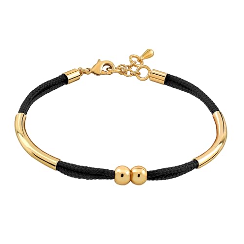 VIORET Pulsera Mujer Oro 18k Chapado con Cordón de Seda Negro   Regalos Originales para Mujer, Regalo Cumpleaños (Ajustable 15,5 cm, 16,5 cm y 17,5 cm, Bolas 6 mm)