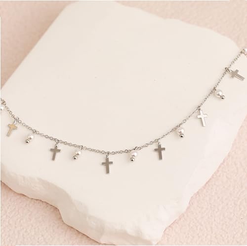 Gold Cross Charm Choker Necklace For Women Pearl Silver Chain Dainty Trendy Small Pendant Necklaces Non Tarnish Gemstone 18K Jewelry4