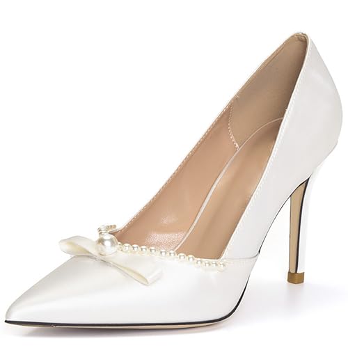 Women's Satin Pearl Pointy Toe Stiletto Bridal Pumps Elegant Bow Slip On Fashion High Heeled Backless Dress Shoes for Wedding Party Prom