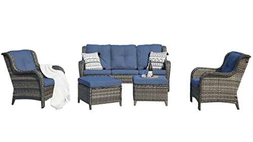 Outdoor Patio Wicker 5-Piece Conversation Set - Rattan Sofa, Chairs & Ottomans