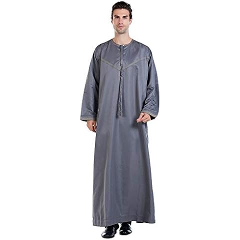 GladThink Men's Muslim Thobe with Long Sleeves Arab Wear Round Collar Gray M Cover