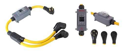 NEMA 14-50P to 2 Port 14-50R Splitter 3.6 Feet Hydraulic Magnetic ON Off Switch Current Protector 120V/240V 50 Amp 4 Prong Plug to 4 Prong Outlet Receptacle Extension Cable Power Cord Adapter