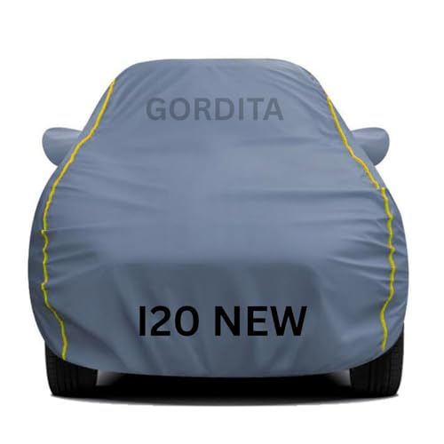 Image of Waterproof Car Body Cover for i20 New All Weather Protection Comes with Inner Cotton Lining & Triple Stitched with Mirror & Antenna Pocket Belt & Elastic Fit Grey with Yellow Piping2