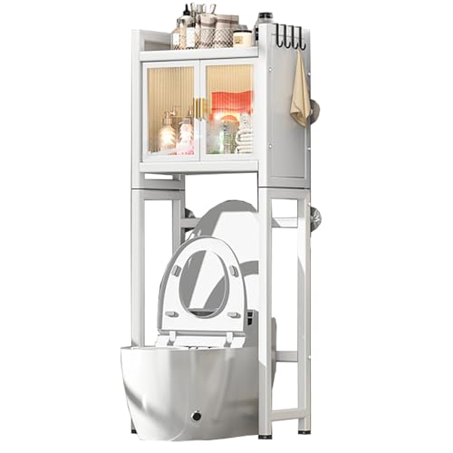 Armario de almacenamiento multifuncional sobre el inodoro, estante de ahorro de espacio de 2 niveles con puertas y 4 ganchos, color blanco, ideal para artículos esenciales de lavandería y baño