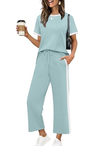 Image of XIEERDUO Women's 2 Piece Outfits Summer Lounge Sets Side Slit Loungewear | Short Sleeve Top Matching Wide Leg Capri Pants