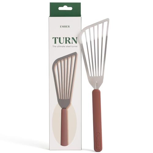 Image of Ember Cookware Stainless Steel Turner 31 cm | Oil Draining Design | Thin Slotted Steel Spatula for Precision Flipping | Flexible Head | Heat Resistant Silicone Handle | Terracotta