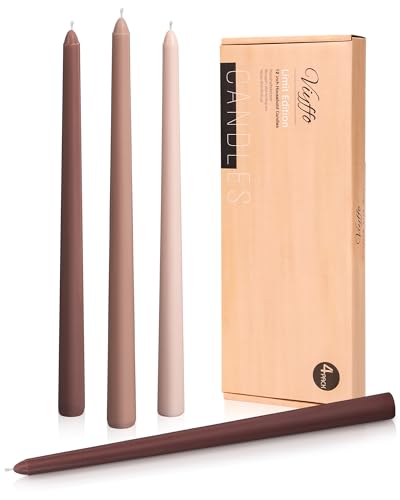 Viyffo Brown Taper Candles 4 Pack Unscented 12 Inch Tapered Candle Sticks 8 Hours Burn Time Smokeless, Household, Wedding, Party, and Home Décor Candlesticks