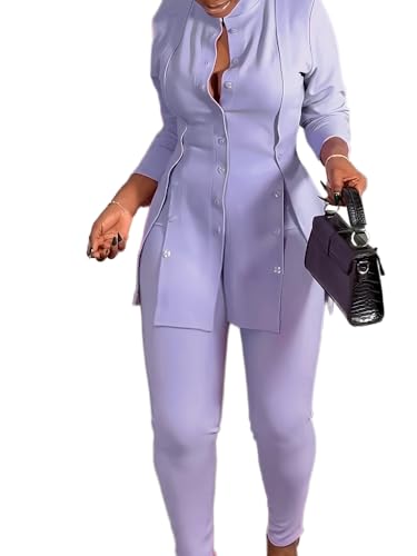 Plus Size Women's Button-Front Blazer and Pants Set, Curvy Long Sleeve Professional Two-Piece Suit