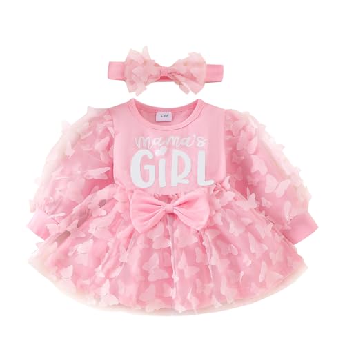 Image of ODIMAME 6-9 Month Girl Clothes Cute Butterflies Tulle Dress Mama‘s Girl Printing Bubble Long Sleeve Fall Skirt with Bow Headband Pink 6-9 Months