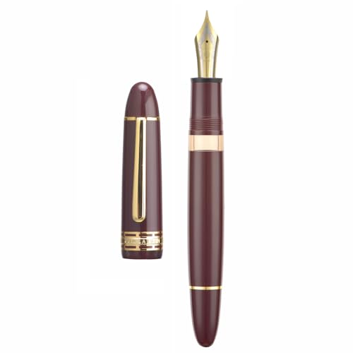 Wikult Yongsheng Junlai 630 Penna Stilografica, #8 Pennino Medio con Sistema di Ricarica a Pistone, Serbatoio dell'Inchiostro Trasparente Rosso Vino con Design a Forma di Torpedine (Finitura Oro)
