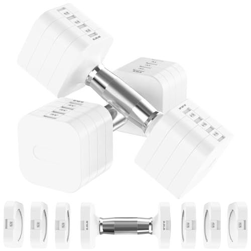 Hezeyferg Adjustable Dumbbells Set of 2, Adjustable Weight Dumbbells with 4 Levels 4.4lb, 6.6lb, 8.8lb, 11lb, Hand Weights Sets for Women/Men Home Gym Full Body Workout (White)
