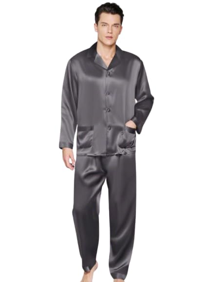 Men Satin Premium Night Suit Full Sleeve (Dark Grey, Solid)