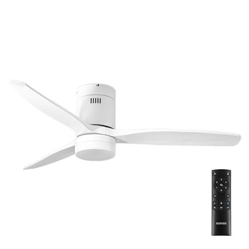 NORHES Kent Ventilador Techo Blanco/Madera Blanca. 3 Aspas Ø132cm. Luz Led 20W Neutra/Cálida/Extra Cálida. Motor DC. Verano/Invierno. 6 Velocidades. Control Remoto Temporizador. Silencioso. Brisa