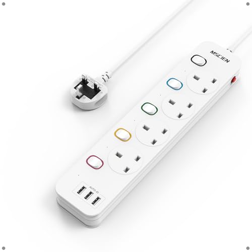 Mscien Extension Lead 1M with USB Slots 4 Way Wall Mounted 1M Extension Lead Switched with Multiple Protection Fused Power Strip 4 Sockets White 13A/3250W