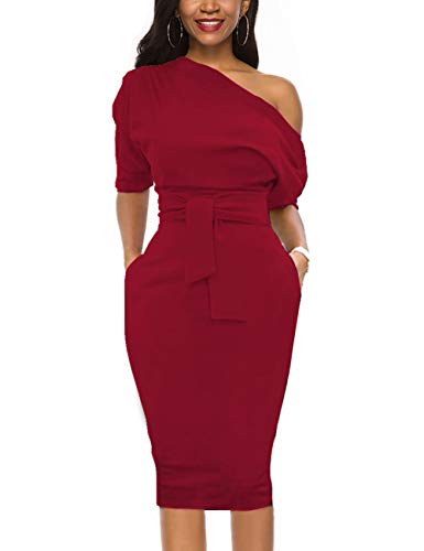 Image of Nature Comfy Elegant Womens Wear to Work One Shoulder Belted Pencil Dress