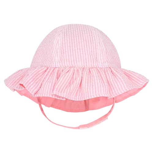 Wee Ones Girls' Reversible Ruffle Brim Seersucker Sun Hat, Stylish and Breathable, 0-6 Months, Pink