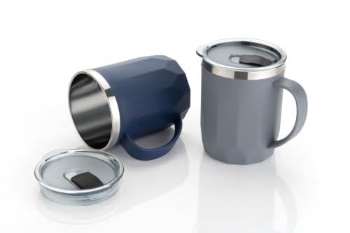 Image of MAGIC SPOON Stainless Steel Travel Coffee Mug with Sipper Lid & Handle, Insulated Tea Cup, BPA-Free Double Wall Tumbler for Hot-Cold Beverages, Office, Home, Car- Grey-Navy, (Combo Pack (400ml X 2))