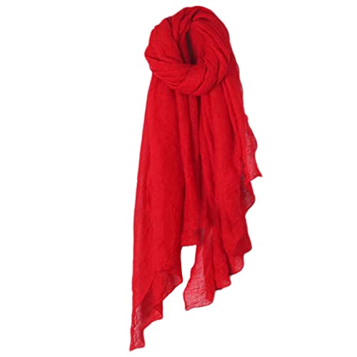 Women Solid Color Long Scarf Shoulder Wrap Vie Cotton Linen Large Shawl Hijab Elegant Lightweight Big for Head Scarv Red