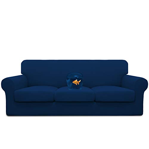 Image of Easy-Going Waterproof 4 Pieces Stretch Couch Cover for 3 Cushion Navy | 100% Dual Waterproof Sofa Slipcover for 3 Separate Cushion Couch Leakproof Furniture Protector for Kids, Pets