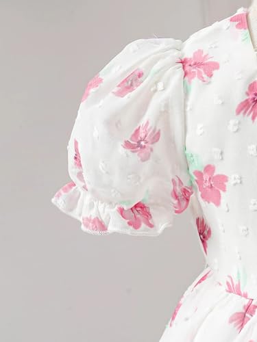 Image of Buy & Try Girls Silk Party Dress, Floral Printed Knee Length Frock with Short Sleeves, Comfortable Fit & Zipper Closure, Elegant Birthday, Wedding, Festival & Special Occasion Wear for Kids